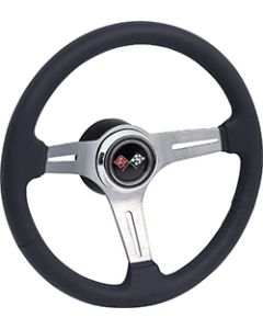 1967-72 Black Leather / Brushed Spoke 14" Steering Wheel Kit- Cross Flag Horn Cap